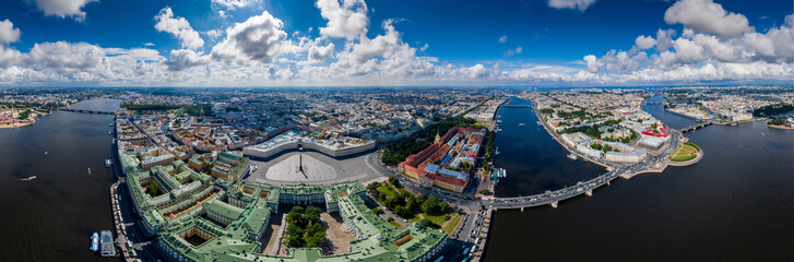 Aerial panorama of Saint Petersburg, Russia, the Hermitage museum, Winter Palace, Palace Square, green roofs, Alexander column, Arch of General Staff, yard of Hermitage,  Neva river, embankment
