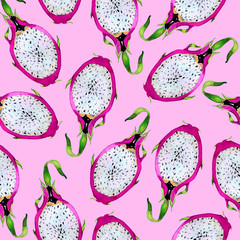 Watercolor seamless pattern. Dragon fruit on a pink background. Print for fabric, textile design. Template. Watercolor exotic fruit. Healthy food.