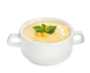 Delicious corn cream soup isolated on white