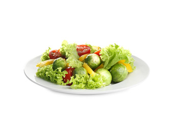 Tasty fresh salad with Brussels sprouts isolated on white