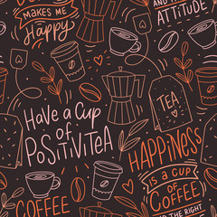 Coffee hand drawn doodle seamless pattern for packaging, textile, print. Modern doodle background with tea and coffee. - 331224057