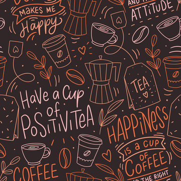Coffee hand drawn doodle seamless pattern for packaging, textile, print. Modern doodle background with tea and coffee.