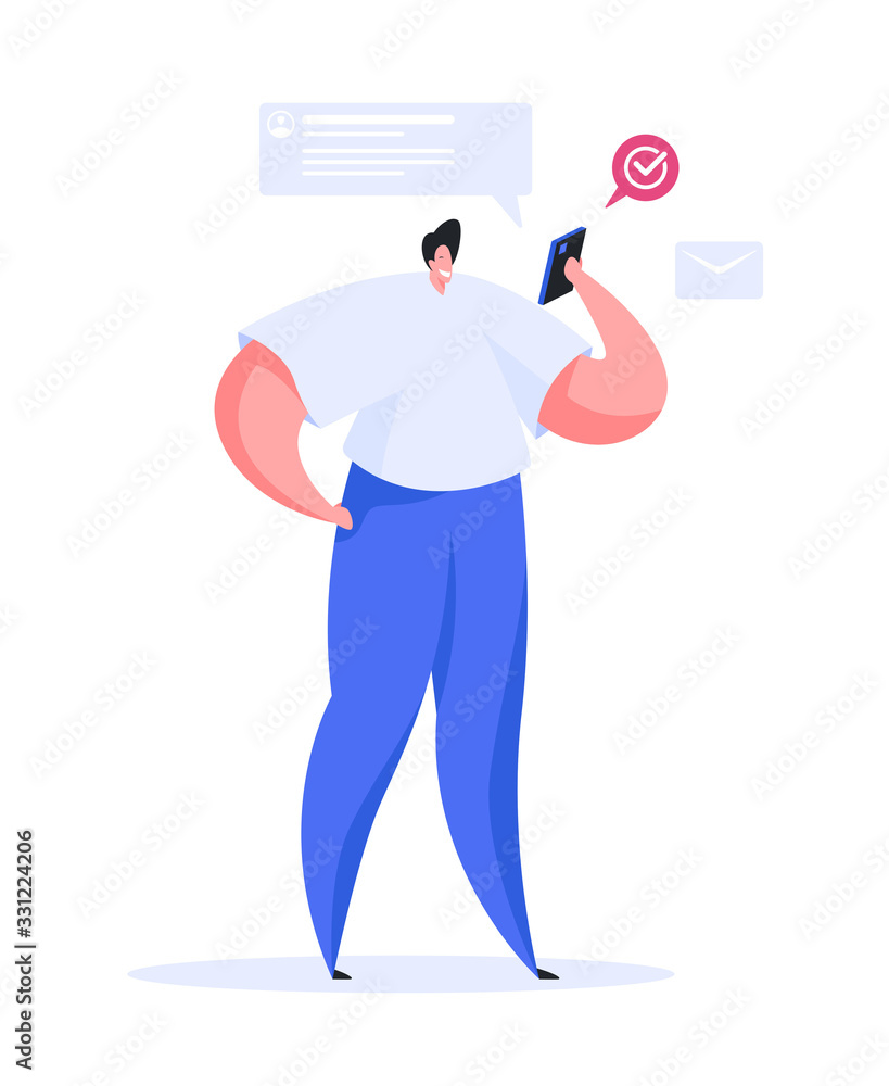Poster man checking messages on smartphone. flat vector illustration