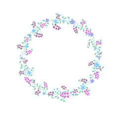 wreath of delicate flowers and green branches with berries pastel colors