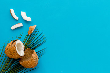 Coconuts frame - halfs and scattered pieces - on blue background top-down copy space