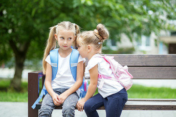 Fototapeta na wymiar Two small children gossip on a bench. The concept is back to school, family and childhood.