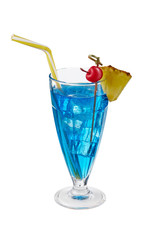 Blue Lagoon cocktail with ice cubes is contained in milkshake glass with pineapple slice on the rim, a straw and a cherry on the stick. The showy illustrative picture is made on the white background.
