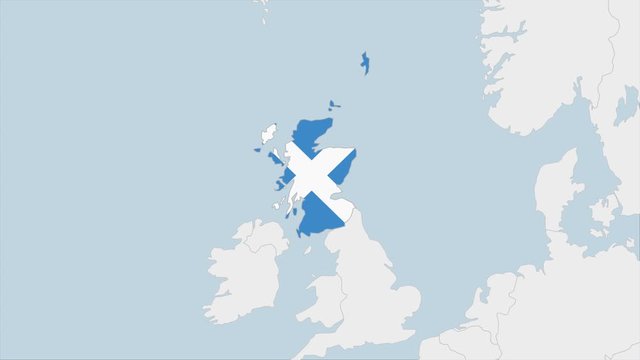 Scotland map highlighted in Scotland flag colors and pin of country capital Edinburgh.