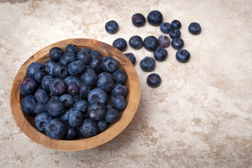 A studio photograph of a bowl of blueberries