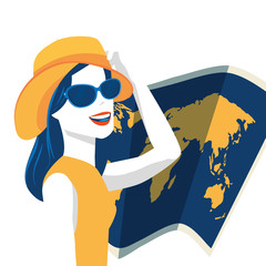 woman with summer hat and paper map vector illustration design