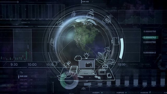 Globe and animated business infographics surrounding it.