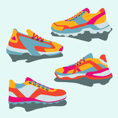 Colorful bright yellow pink blue orange sneakers. Vector flat illustration. Simple illustration of fitness and sport, gym shoe. Sign shop graphics