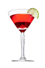 Cosmopolitan cocktail is contained in a martini glass with a lime slice on the rim. The showy illustrative picture is made on the white backdrop.