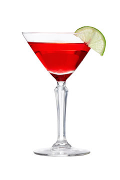 Cosmopolitan cocktail is contained in a martini glass with a lime slice on the rim. The showy illustrative picture is made on the white background.