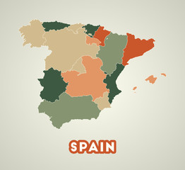 Spain poster in retro style. Map of the country with regions in autumn color palette. Shape of Spain with country name. Classy vector illustration.