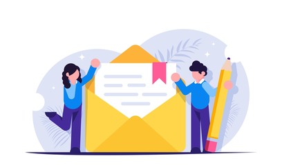 Process of writing a new letter. Email marketing concept. People stand near an envelope with a paper document. Modern flat vector illustration.
