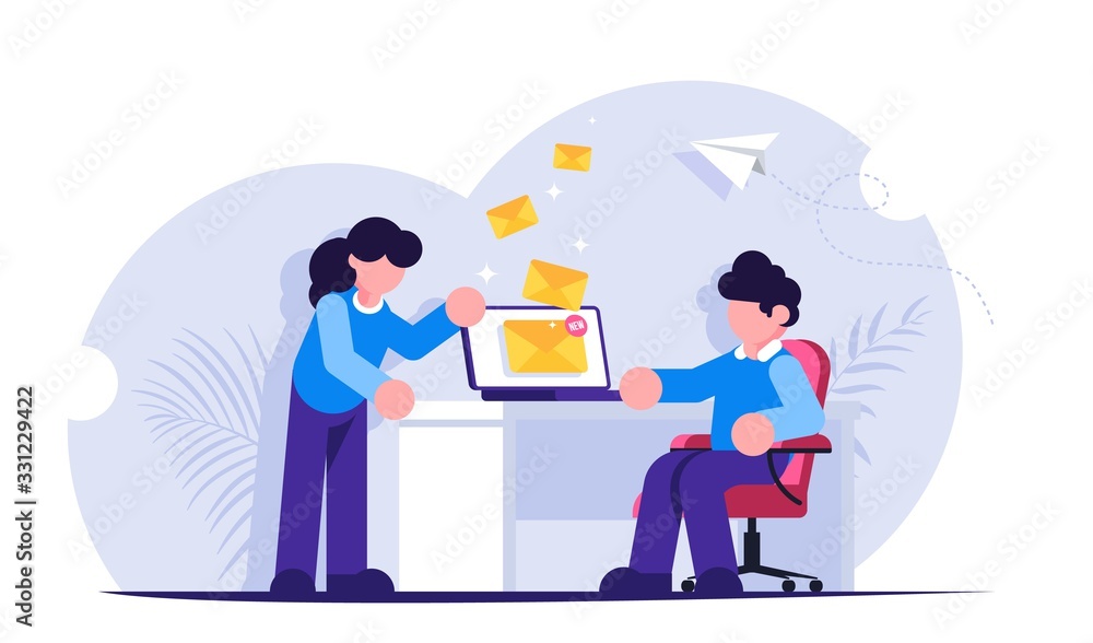 Poster people send or receive a new email. notification on your computer screen. the manager workplace in t