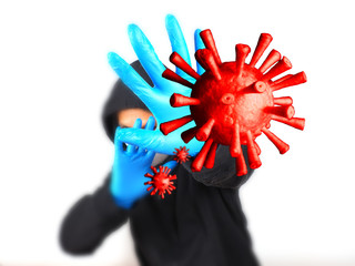Man wears gloves, mask To prevent the disease