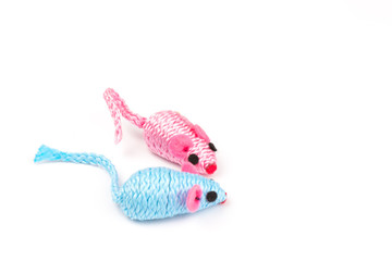 blue and pink toy mouse for pet isolated on white background