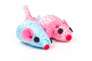 blue and pink toy mouse for pet isolated on white background