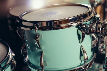Obraz na płótnie Canvas Detail of a drum kit closeup . Drums on stage retro vintage picture.