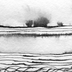 Fototapety  Streszczenie krajobraz atrament ręcznie rysowane ilustracja. Atrament czarno-biały zimowy krajobraz z rzeką. Minimalistyczne ręcznie rysowane ilustracja karta tło plakat transparent. Ręcznie rysowane akwarela czarne linie.