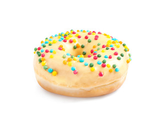 Sweet delicious glazed donut on white background