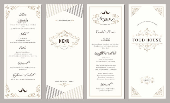 Wedding and restaurant menu. Vertical classic templates. 