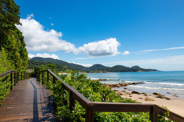 Fototapeta na wymiar Praia da Ilhota em Itapema em dia de céu e mar azul e o calçadão de madeira 