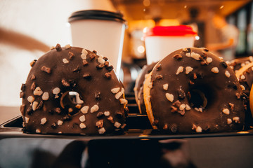 chocolate donuts at the coffee shop