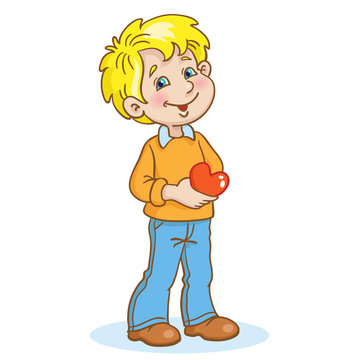 Little funny boy with a valentine in his hand. In cartoon style, isolated on white background. Vector illustration.
