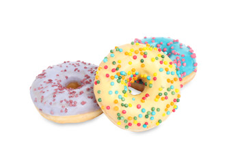 Sweet tasty glazed donuts on white background