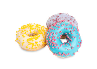 Sweet tasty glazed donuts on white background