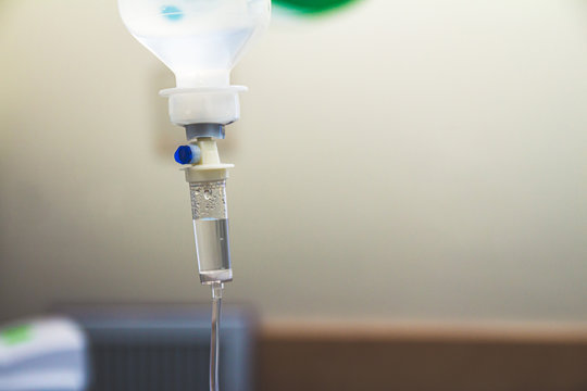 Set IV fluid intravenous drop saline drip in a hospital room