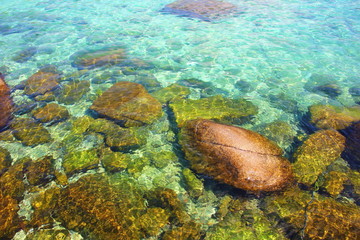 nature display big and small brown rock on beach and under water abstract background,copy space.