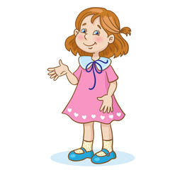 Little cute girl in cartoon style stands isolated on white background. Vector illustration.