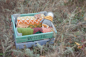 A box filled with knitwear and a doll on the grass
