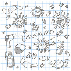 Cartoon doodle set of coronavirus monsters, thermometers, tablets and pills, soap and antiseptics. Black and white scribble on a checkered notebook sheet.
