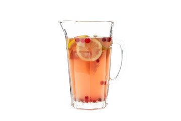 Glass jug of lemonade isolated on white background