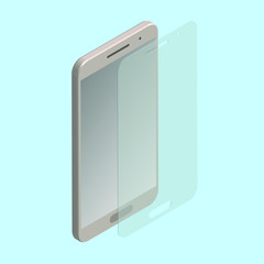 Glass screen protector. Beige phone vector isolate.