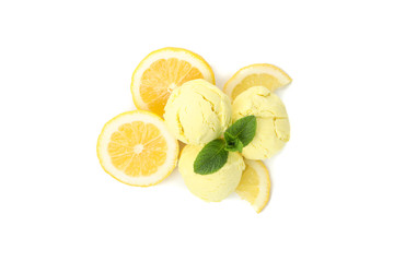 Ice cream, lemon slices and mint isolated on white background