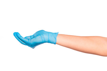 female hand in sterile gloves isolated on white background showing .hand gestures- Image