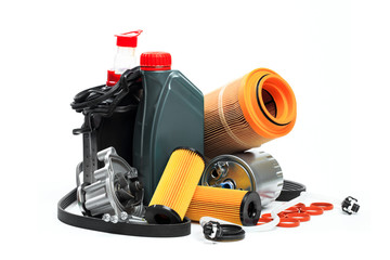 parts for scheduled car maintenance.Oil , air , fuel filter, Water pumps motor, belt car engine   for car on white background  - Image