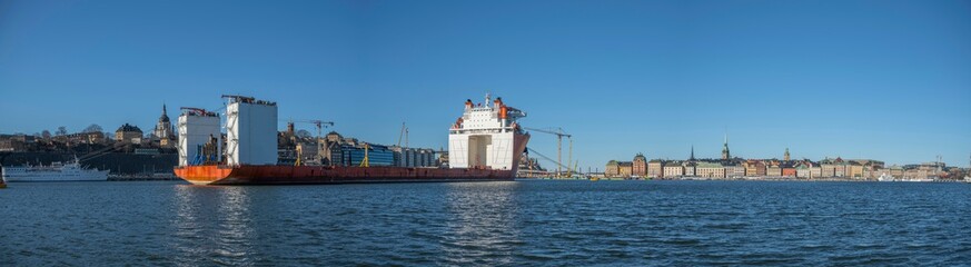 Transportation ship for large goods from China in Stockholm for deliverance of a bridge.