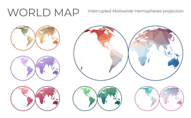 Low Poly World Map Set. Mollweide projection interrupted into two (equal-area) hemispheres. Collection of the world maps in geometric style. Vector illustration.