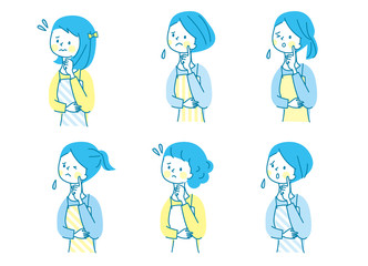 悩む若い女性　エプロン　セット