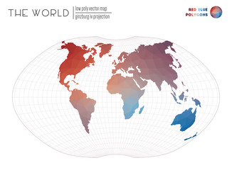Abstract geometric world map. Ginzburg IV projection of the world. Red Blue colored polygons. Trending vector illustration.