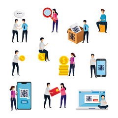 scenes of people with code qr and icons vector illustration design