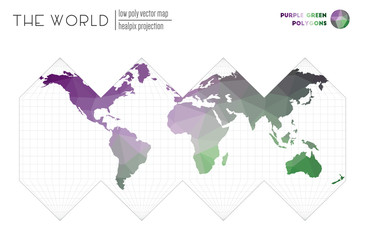 Triangular mesh of the world. HEALPix projection of the world. Purple Green colored polygons. Energetic vector illustration.