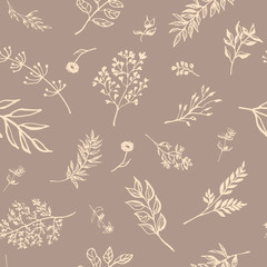 Seamless pattern vector illustration of flowers, hand-drawn, on an isolated background. Doodle. For fabric, wrapping paper, wallpaper design,postcard, packaging, signboard, banner, textile.